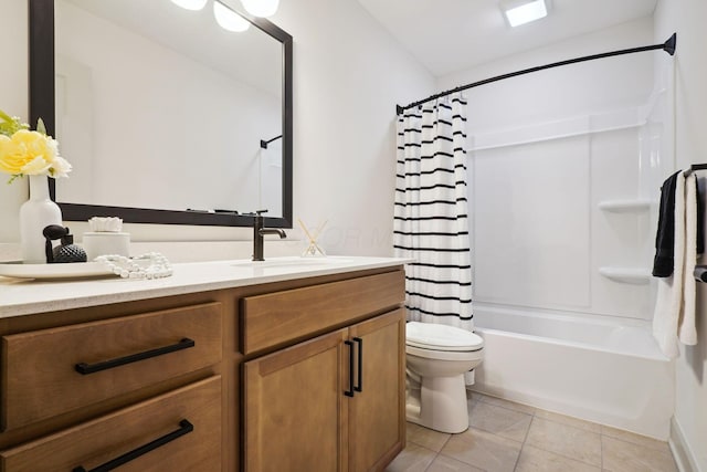 bathroom with toilet, shower / tub combo, tile patterned flooring, and vanity