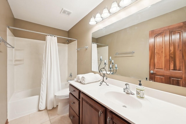 bathroom featuring visible vents, toilet, shower / bath combo, vanity, and tile patterned flooring