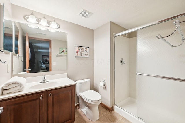 full bath with a stall shower, visible vents, toilet, tile patterned floors, and vanity