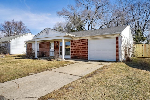 ranch-style house featuring brick siding, covered porch, a garage, driveway, and a front lawn