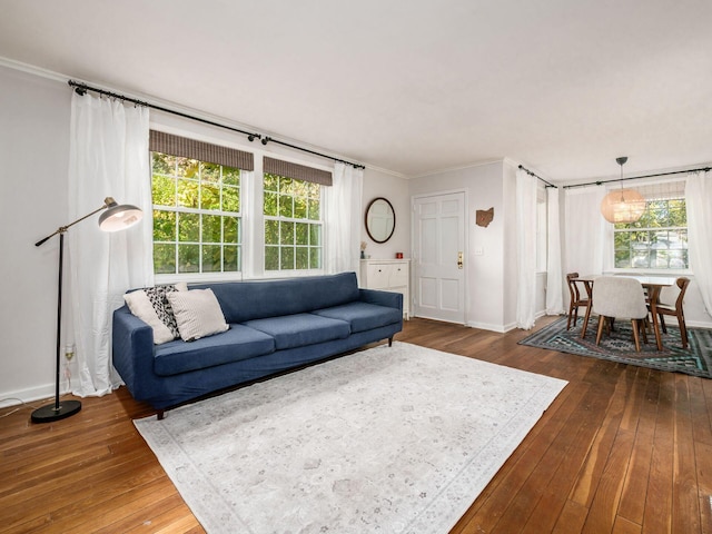 living room featuring baseboards, dark wood finished floors, and crown molding