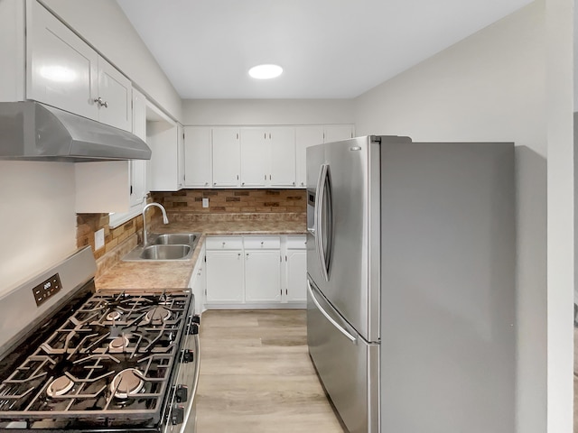 kitchen with backsplash, appliances with stainless steel finishes, a sink, light wood-type flooring, and under cabinet range hood