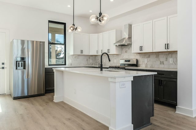 kitchen with light countertops, appliances with stainless steel finishes, backsplash, wall chimney exhaust hood, and a center island with sink