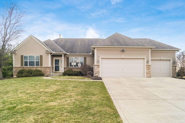 view of front of property with a garage, stone siding, a front lawn, and concrete driveway