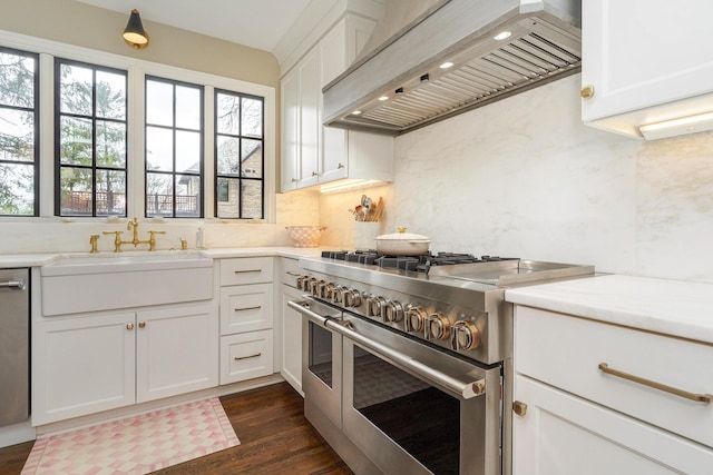 kitchen featuring dark wood finished floors, decorative backsplash, stainless steel appliances, premium range hood, and a sink