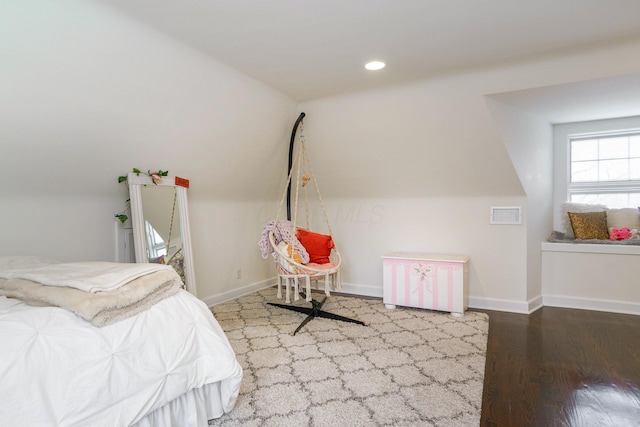 bedroom featuring recessed lighting, wood finished floors, visible vents, and baseboards