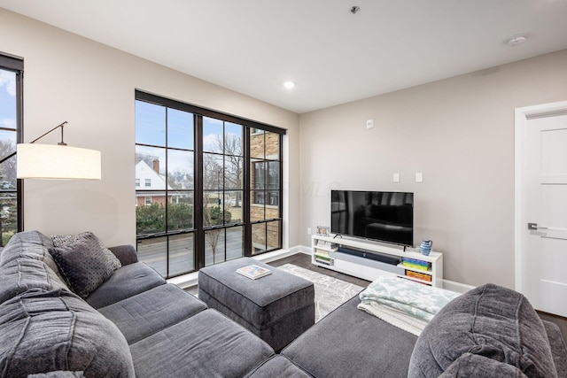 living room featuring baseboards, wood finished floors, and recessed lighting