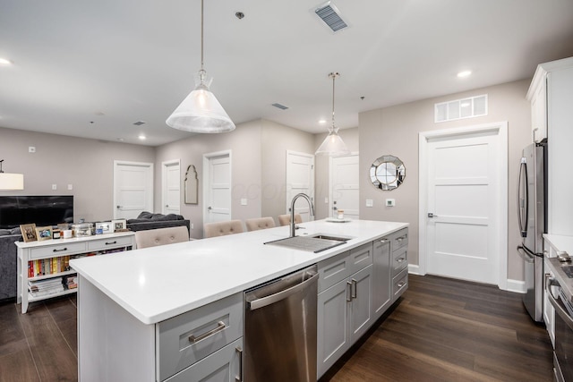 kitchen with a sink, visible vents, open floor plan, appliances with stainless steel finishes, and gray cabinets