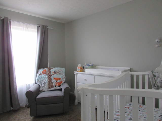 bedroom with carpet floors, multiple windows, and a textured ceiling