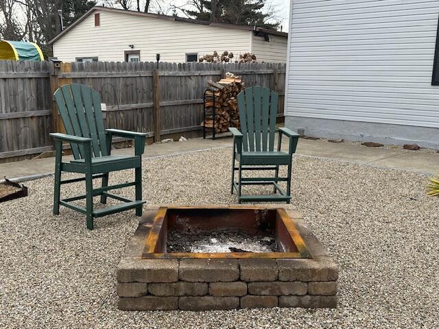 view of patio / terrace featuring a fenced backyard and a fire pit