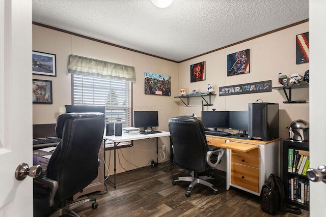 home office with dark wood-style floors, ornamental molding, and a textured ceiling