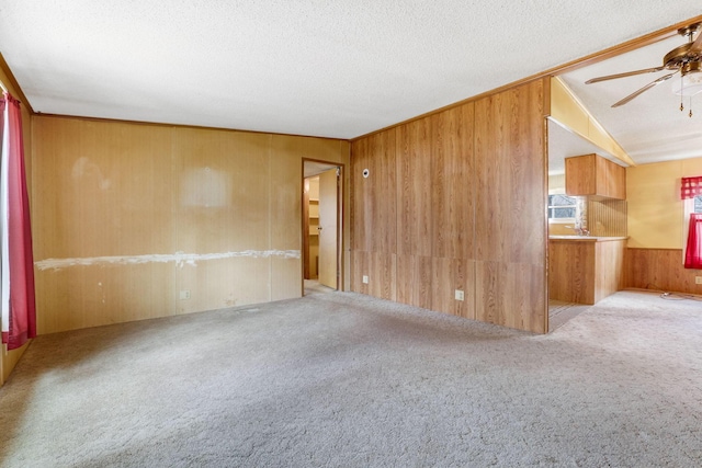 carpeted empty room featuring wood walls, a textured ceiling, and ceiling fan