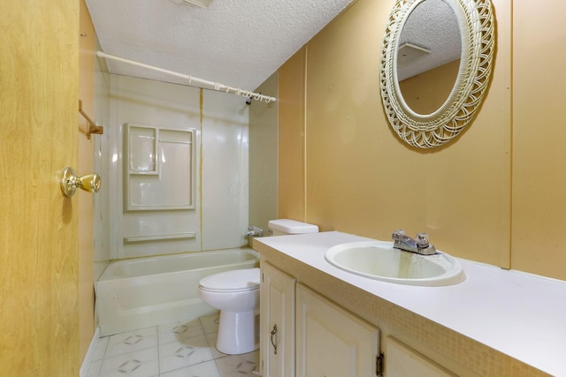 full bathroom with  shower combination, toilet, a textured ceiling, and vanity