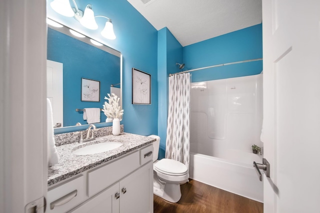 full bath with shower / bathtub combination with curtain, toilet, vanity, and wood finished floors