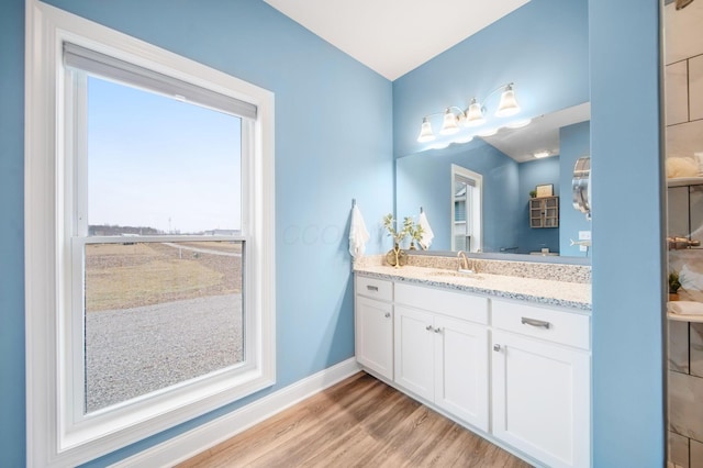 bathroom with vanity, baseboards, and wood finished floors