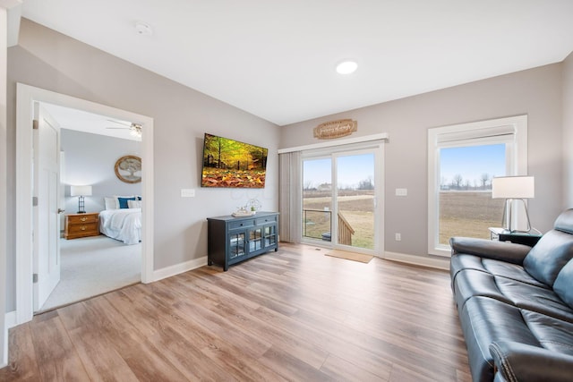 living area featuring ceiling fan, baseboards, and light wood-style flooring