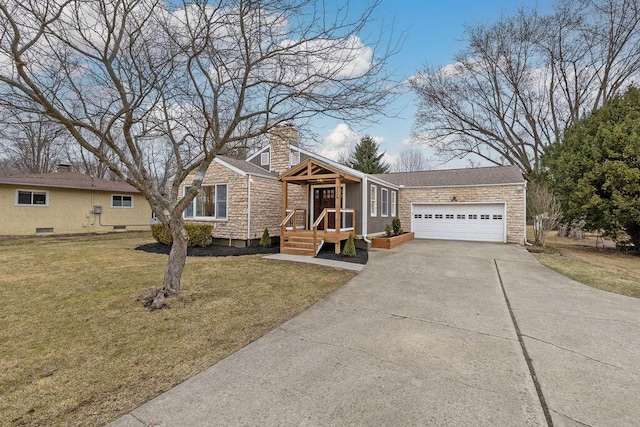 view of front of house featuring driveway, a garage, stone siding, a chimney, and a front yard