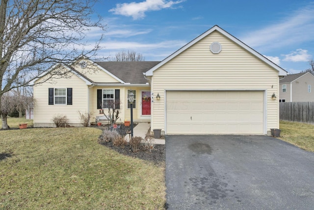 single story home featuring an attached garage, fence, aphalt driveway, and a front yard