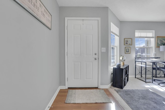 foyer with baseboards and wood finished floors