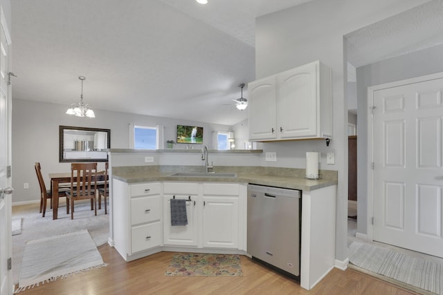 kitchen with white cabinetry, dishwasher, a peninsula, and a sink