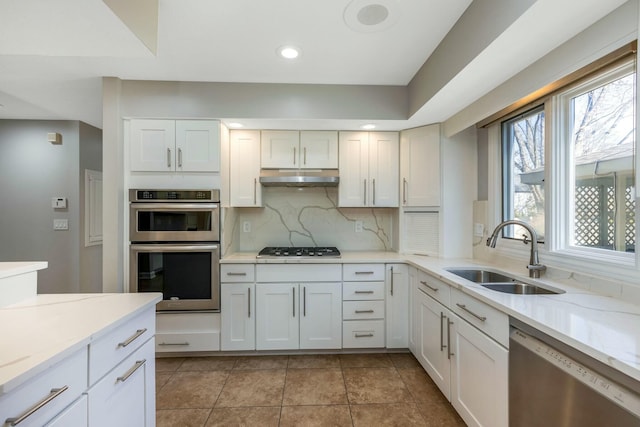 kitchen with a sink, decorative backsplash, under cabinet range hood, appliances with stainless steel finishes, and white cabinetry