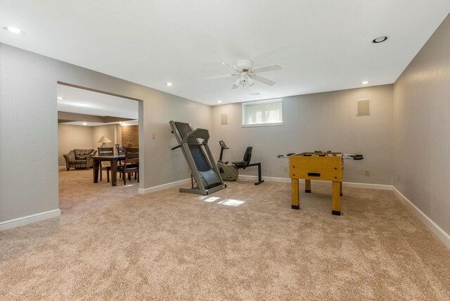 rec room with recessed lighting, light colored carpet, and baseboards