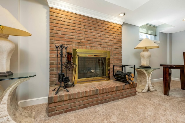 carpeted living room with a fireplace and baseboards