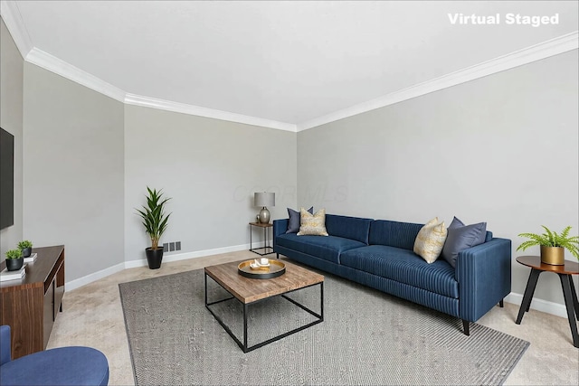 living room featuring visible vents, baseboards, carpet floors, and ornamental molding