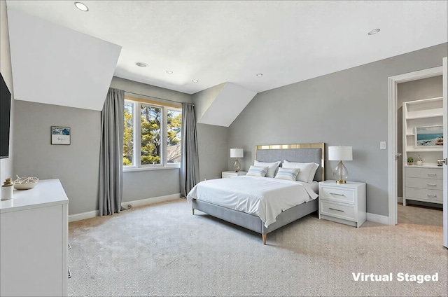 bedroom with recessed lighting, baseboards, and light colored carpet