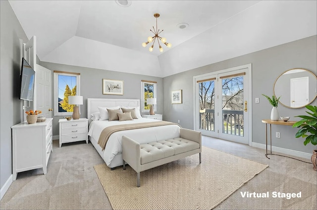 bedroom with a notable chandelier, baseboards, light colored carpet, access to exterior, and vaulted ceiling