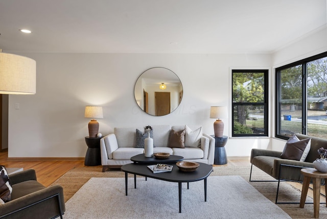 living room featuring baseboards, wood finished floors, and recessed lighting