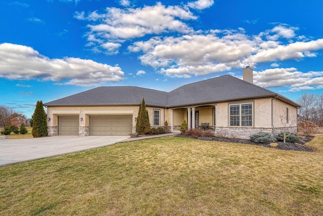 view of front of property featuring concrete driveway, stone siding, an attached garage, a front lawn, and stucco siding