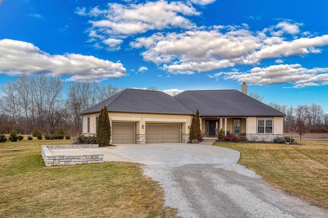 view of front of home featuring an attached garage, stone siding, concrete driveway, and a front yard