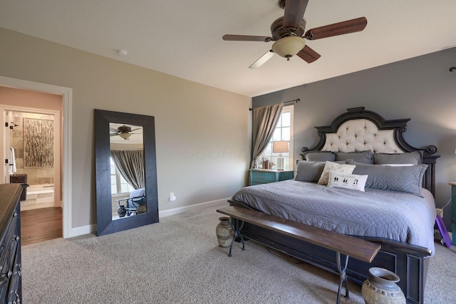 carpeted bedroom with multiple windows, baseboards, and a ceiling fan