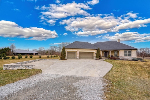 view of front of property with a garage, concrete driveway, stone siding, a chimney, and a front lawn