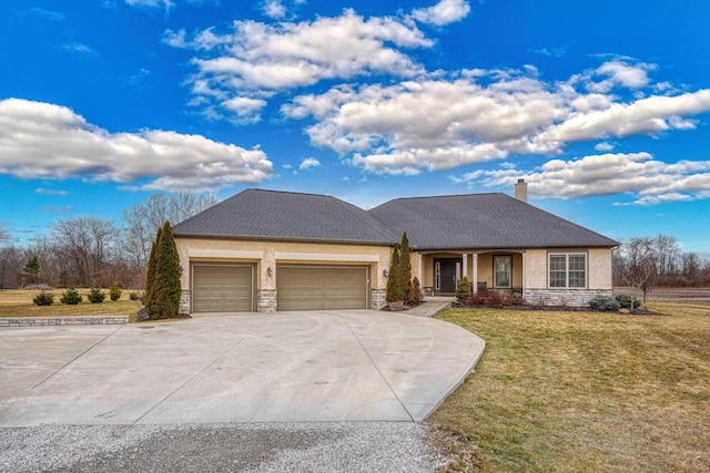 view of front of property with an attached garage, stone siding, a front lawn, and concrete driveway