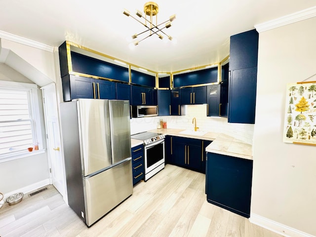 kitchen featuring blue cabinetry, stainless steel appliances, light countertops, visible vents, and a sink