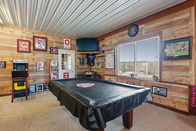 recreation room featuring carpet flooring, billiards, and wooden walls