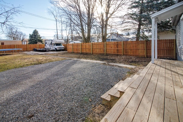 view of yard with a fenced backyard and a trampoline