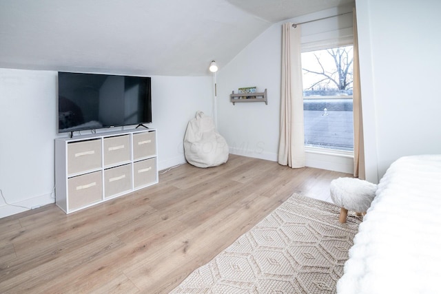 interior space featuring lofted ceiling, baseboards, and wood finished floors