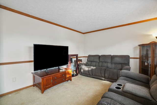 carpeted living room featuring a textured ceiling, baseboards, and crown molding