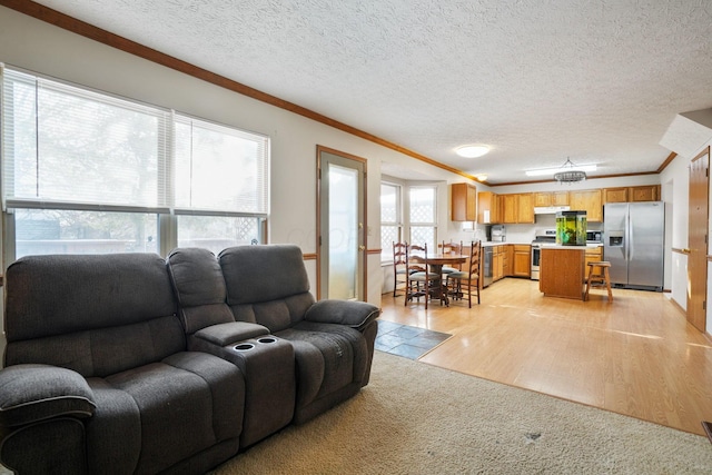 living room featuring light wood-style flooring, ornamental molding, and a textured ceiling