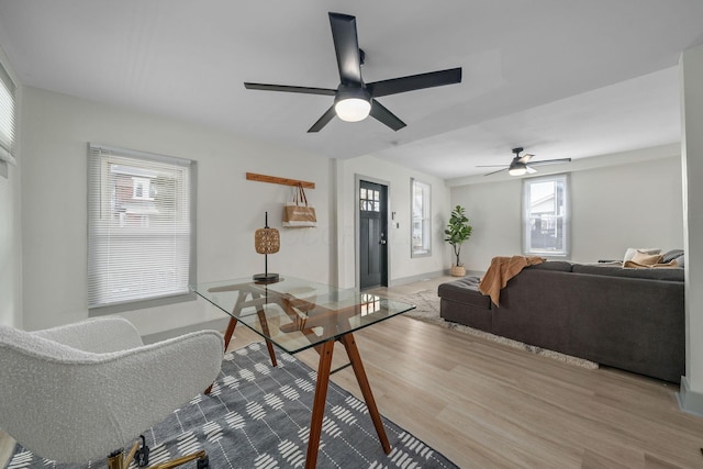 living area with a ceiling fan, baseboards, and wood finished floors