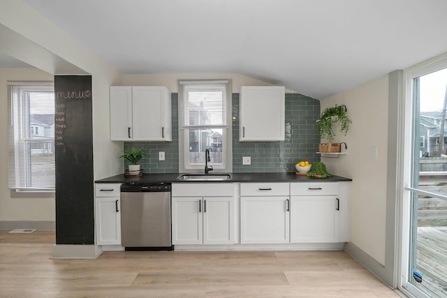 kitchen featuring light wood-style floors, a wealth of natural light, a sink, and stainless steel dishwasher