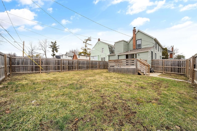 view of yard with a fenced backyard and a wooden deck