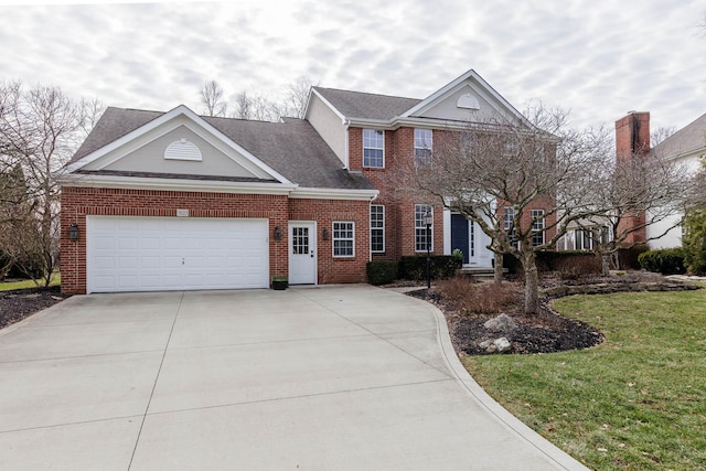 view of front facade featuring brick siding, roof with shingles, concrete driveway, a garage, and a front lawn