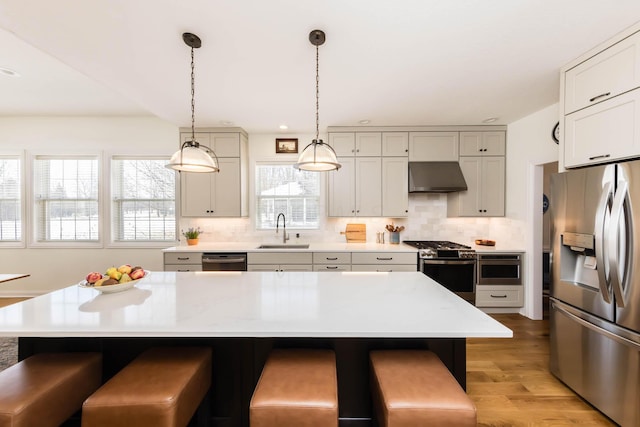 kitchen with decorative backsplash, appliances with stainless steel finishes, a kitchen breakfast bar, under cabinet range hood, and a sink