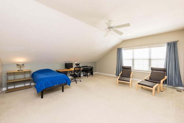 living area featuring lofted ceiling, ceiling fan, baseboards, and carpet flooring