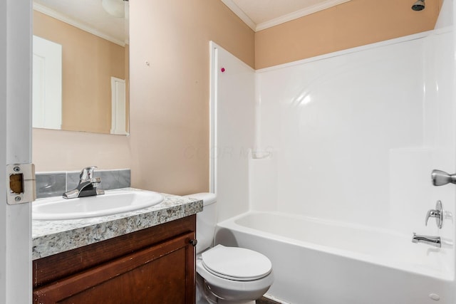 full bath with crown molding, vanity, toilet, and shower / bathing tub combination