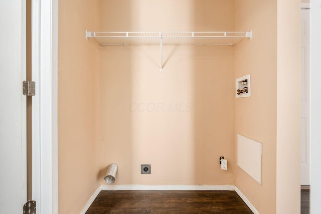 laundry room featuring laundry area, washer hookup, dark wood-style flooring, baseboards, and electric dryer hookup